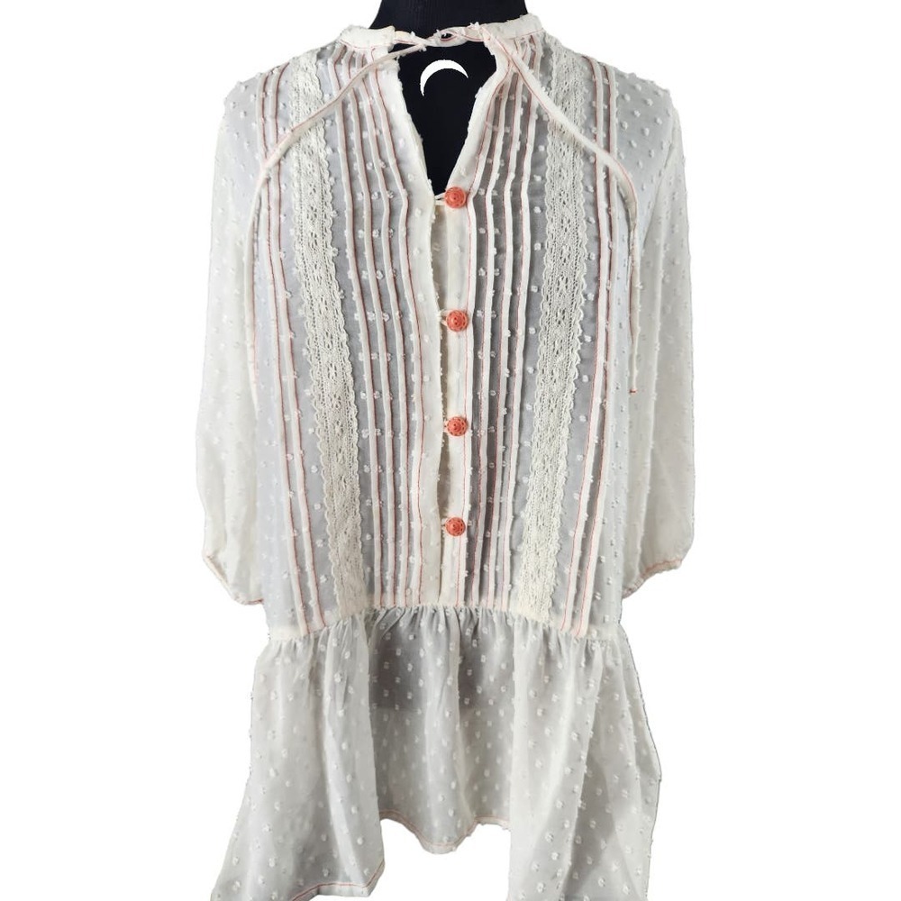 Matilda Jane sheer 3/4 sleeve white and coral swiss dot blouse size XS